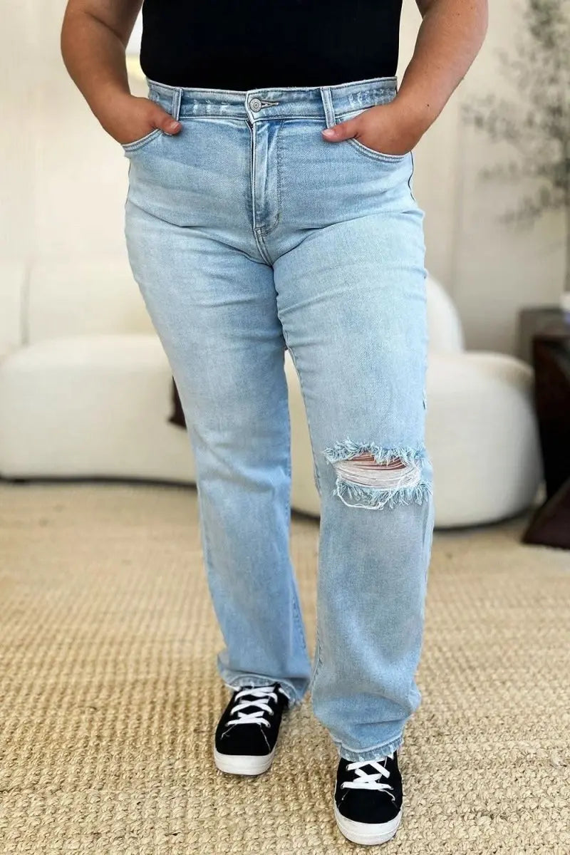 Judy Blue Full Size High Waist Distressed Straight Jeans - Sleekdenim.com