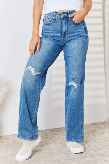 Judy Blue Full Size High Waist Distressed Straight - Leg Jeans - Sleekdenim.com