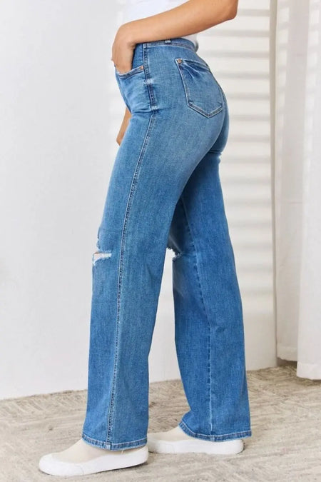 Judy Blue Full Size High Waist Distressed Straight - Leg Jeans - Sleekdenim.com