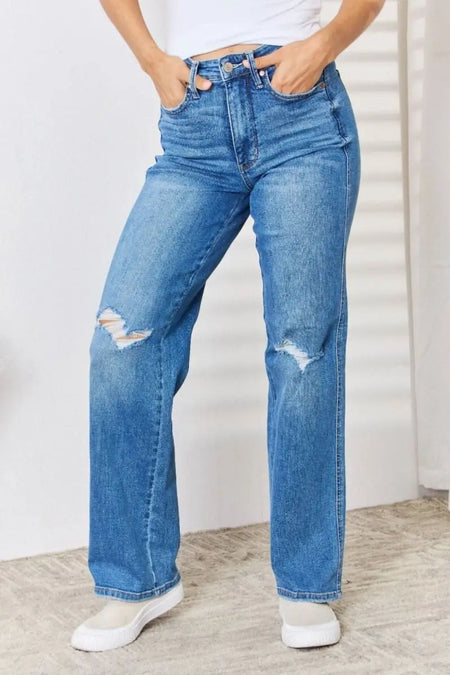 Judy Blue Full Size High Waist Distressed Straight - Leg Jeans - Sleekdenim.com