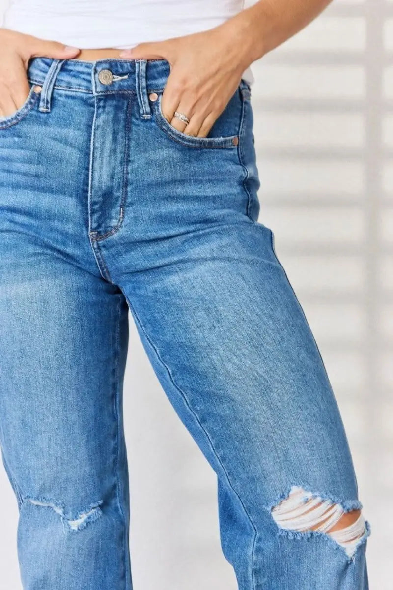 Judy Blue Full Size High Waist Distressed Straight - Leg Jeans - Sleekdenim.com