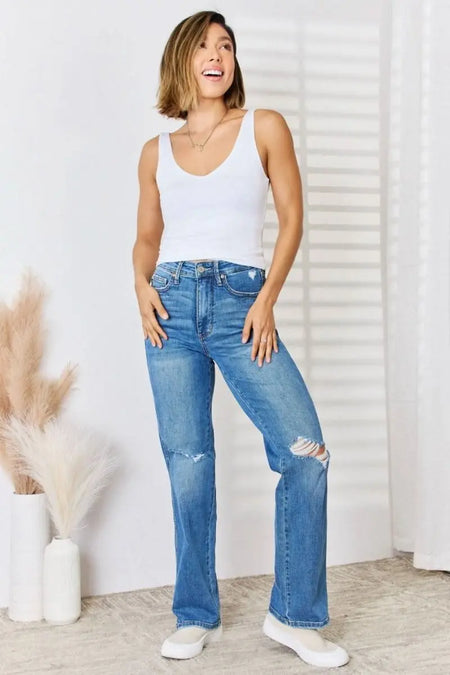 Judy Blue Full Size High Waist Distressed Straight - Leg Jeans - Sleekdenim.com