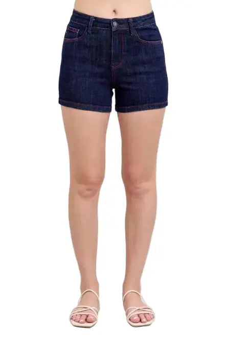 Judy Blue Full Size High Waist Heart Shaped Pkts & Red Contrast Thread Denim Shorts Plus Size - Sleekdenim.com