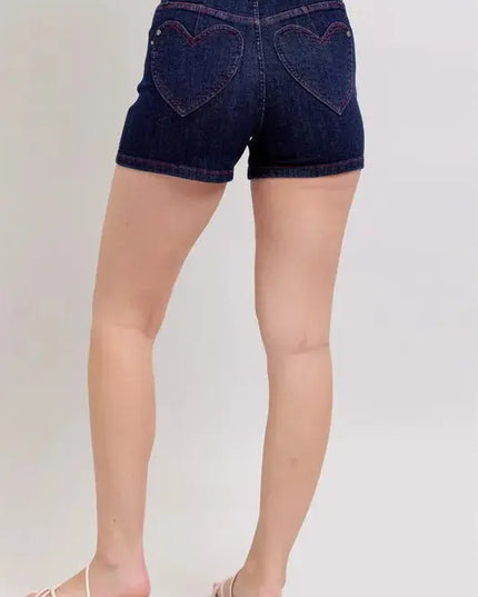 Judy Blue Full Size High Waist Heart Shaped Pkts & Red Contrast Thread Denim Shorts Plus Size - Sleekdenim.com
