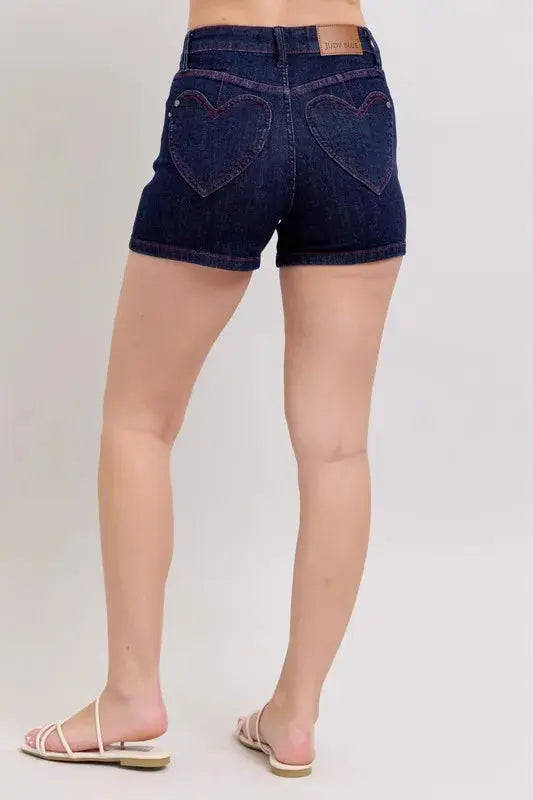 Judy Blue Full Size High Waist Heart Shaped Pkts & Red Contrast Thread Denim Shorts Plus Size - Sleekdenim.com