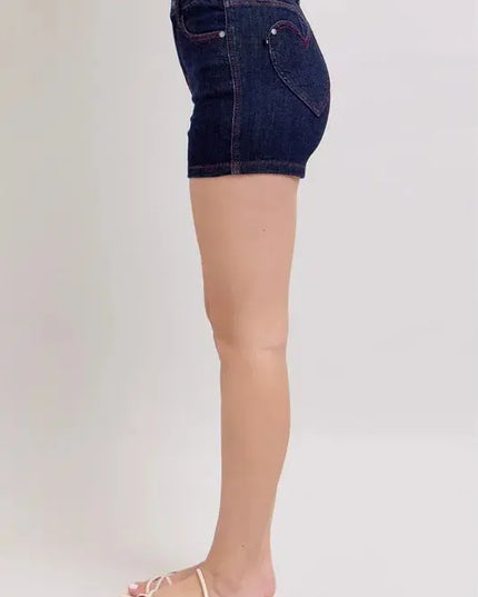 Judy Blue Full Size High Waist Heart Shaped Pkts & Red Contrast Thread Denim Shorts Plus Size - Sleekdenim.com