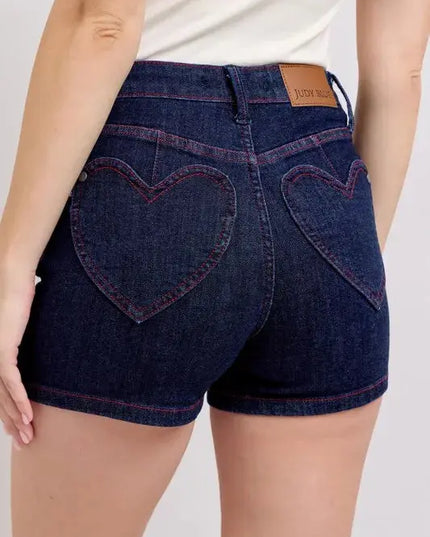 Judy Blue Full Size High Waist Heart Shaped Pkts & Red Contrast Thread Denim Shorts Plus Size - Sleekdenim.com