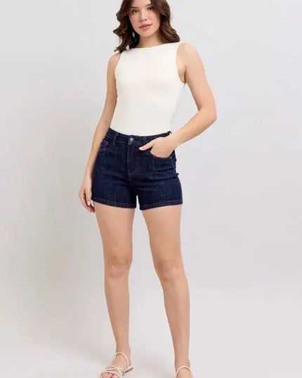 Judy Blue Full Size High Waist Heart Shaped Pkts & Red Contrast Thread Denim Shorts Plus Size - Sleekdenim.com