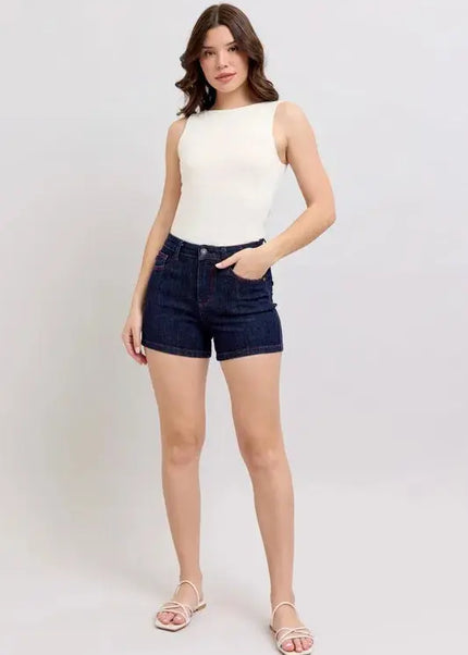 Judy Blue Full Size High Waist Heart Shaped Pkts & Red Contrast Thread Denim Shorts Plus Size - Sleekdenim.com