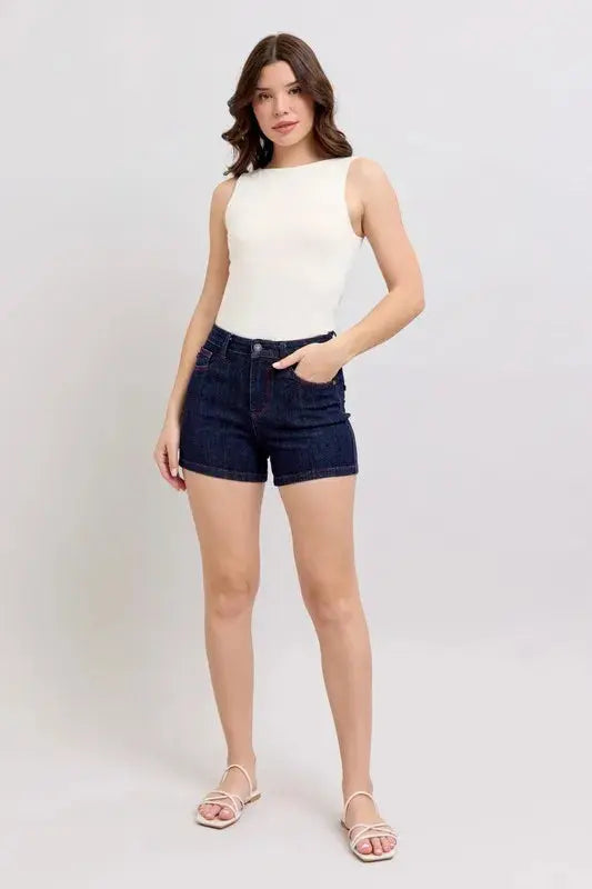 Judy Blue Full Size High Waist Heart Shaped Pkts & Red Contrast Thread Denim Shorts Plus Size - Sleekdenim.com