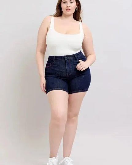 Judy Blue Full Size High Waist Heart Shaped Pkts & Red Contrast Thread Denim Shorts Plus Size - Sleekdenim.com