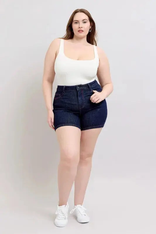 Judy Blue Full Size High Waist Heart Shaped Pkts & Red Contrast Thread Denim Shorts Plus Size - Sleekdenim.com