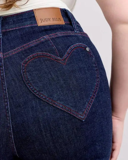 Judy Blue Full Size High Waist Heart Shaped Pkts & Red Contrast Thread Denim Shorts Plus Size - Sleekdenim.com
