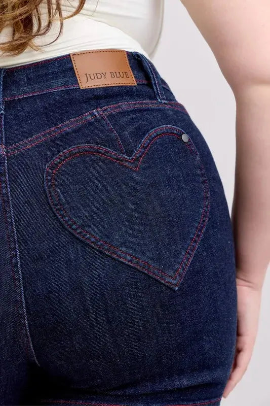 Judy Blue Full Size High Waist Heart Shaped Pkts & Red Contrast Thread Denim Shorts Plus Size - Sleekdenim.com
