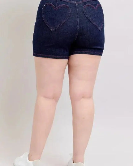 Judy Blue Full Size High Waist Heart Shaped Pkts & Red Contrast Thread Denim Shorts Plus Size - Sleekdenim.com