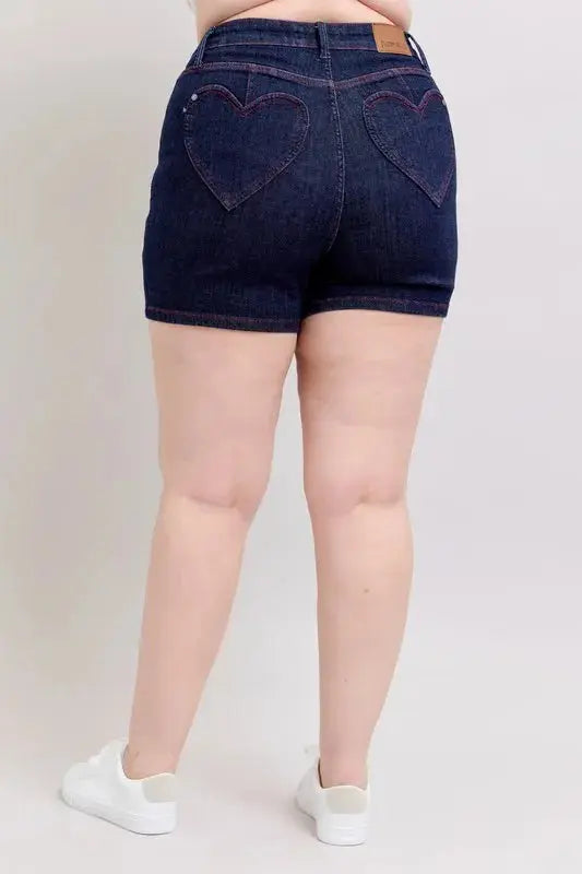 Judy Blue Full Size High Waist Heart Shaped Pkts & Red Contrast Thread Denim Shorts Plus Size - Sleekdenim.com