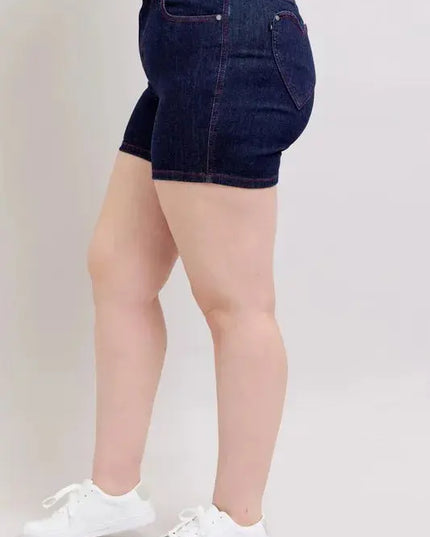 Judy Blue Full Size High Waist Heart Shaped Pkts & Red Contrast Thread Denim Shorts Plus Size - Sleekdenim.com