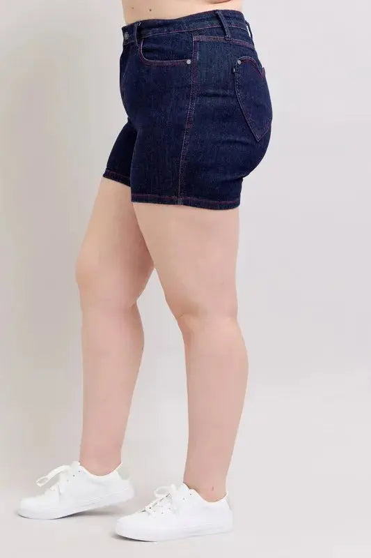 Judy Blue Full Size High Waist Heart Shaped Pkts & Red Contrast Thread Denim Shorts Plus Size - Sleekdenim.com