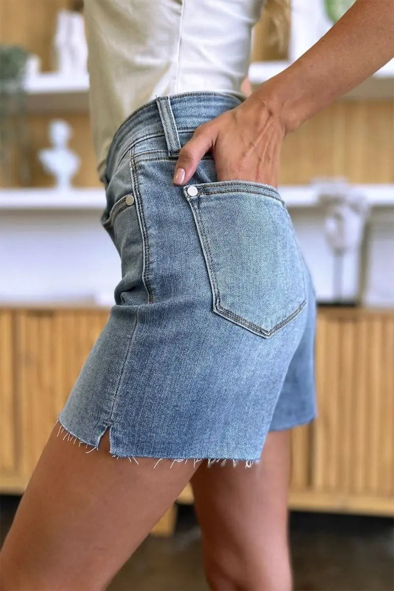 Judy Blue Full Size High Waist Raw Hem Denim Shorts - Sleekdenim.com