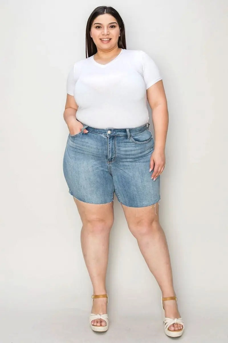 Judy Blue Full Size High Waist Raw Hem Denim Shorts - Sleekdenim.com