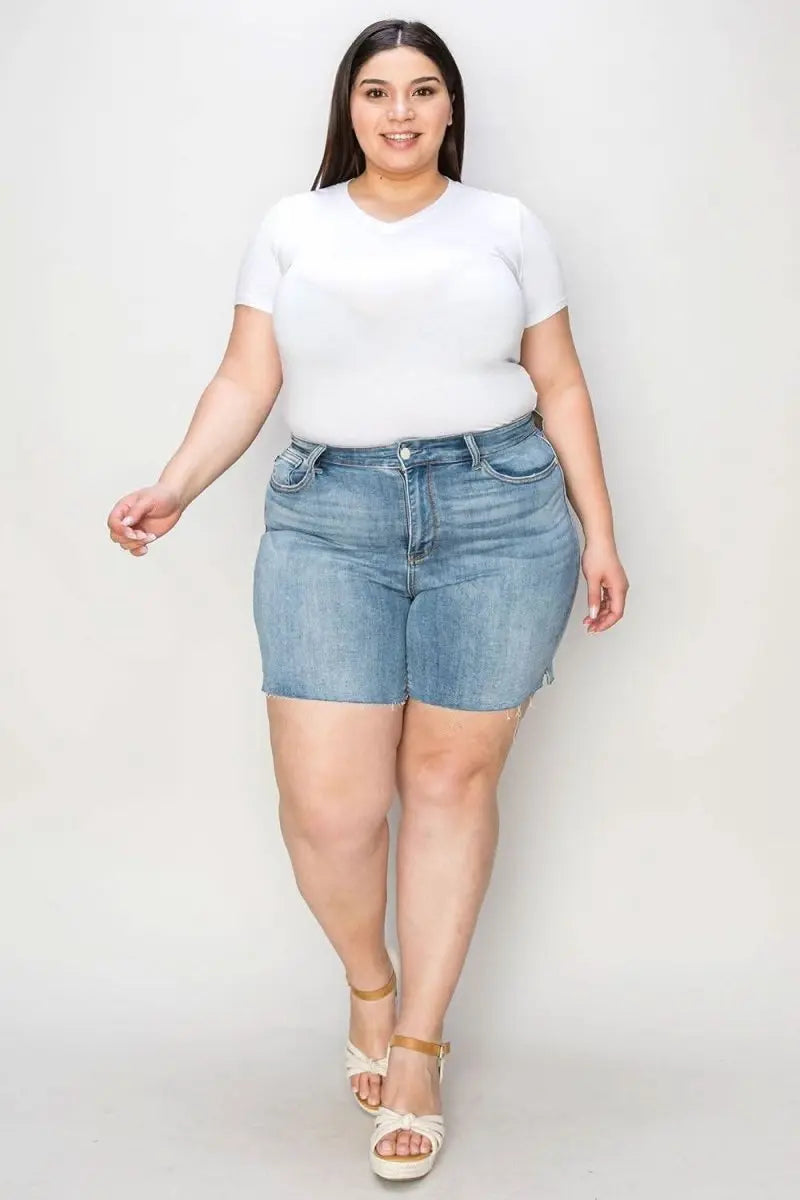 Judy Blue Full Size High Waist Raw Hem Denim Shorts - Sleekdenim.com