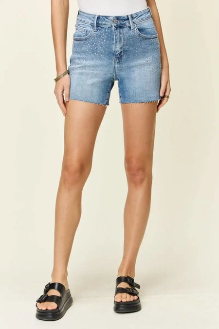 Judy Blue Full Size High Waist Rhinestone Decor Denim Shorts - Sleekdenim.com