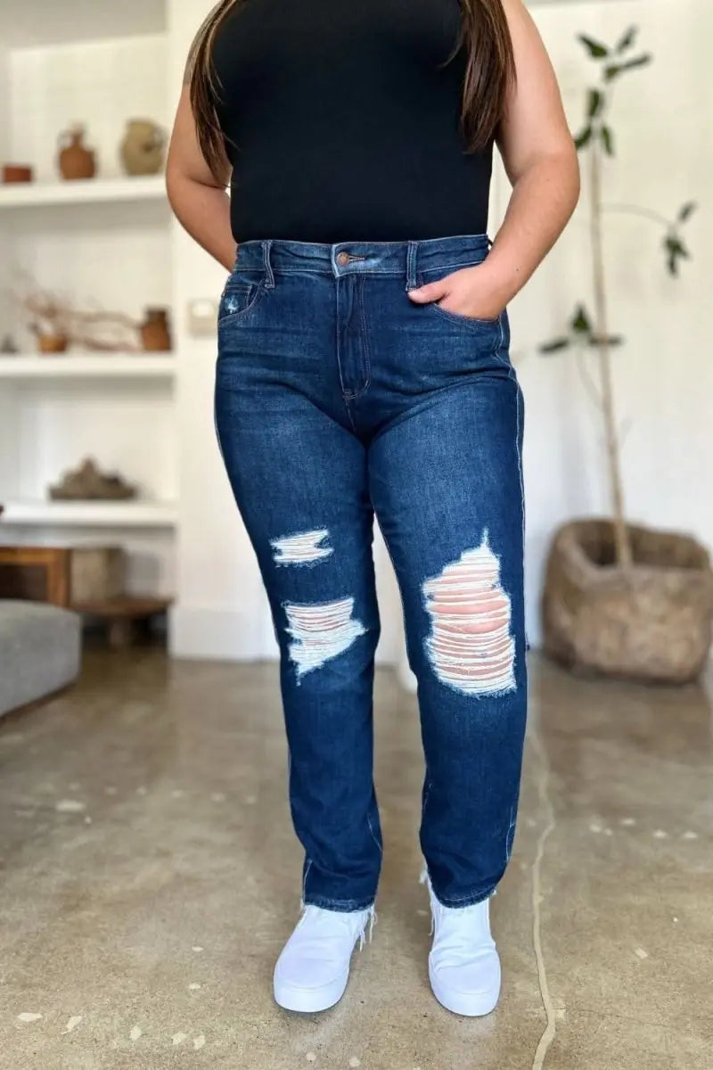 Judy Blue Full Size High Waist Rigid Magic Heavy Destroy Straight Jeans - Sleekdenim.com