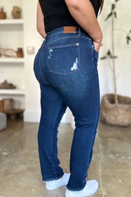 Judy Blue Full Size High Waist Rigid Magic Heavy Destroy Straight Jeans - Sleekdenim.com