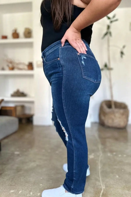 Judy Blue Full Size High Waist Rigid Magic Heavy Destroy Straight Jeans - Sleekdenim.com