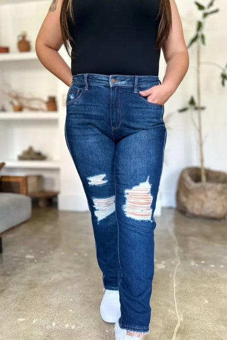 Judy Blue Full Size High Waist Rigid Magic Heavy Destroy Straight Jeans - Sleekdenim.com