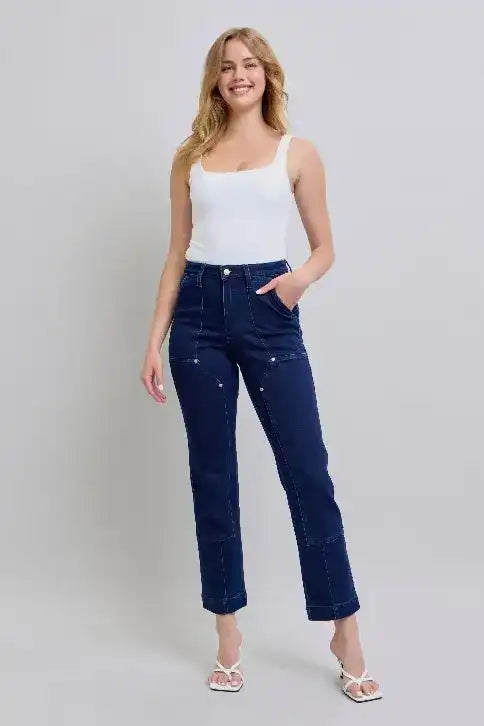 Judy Blue Vintage Dark Wash Utility Straight Leg Jeans 88918 - Sleekdenim.com