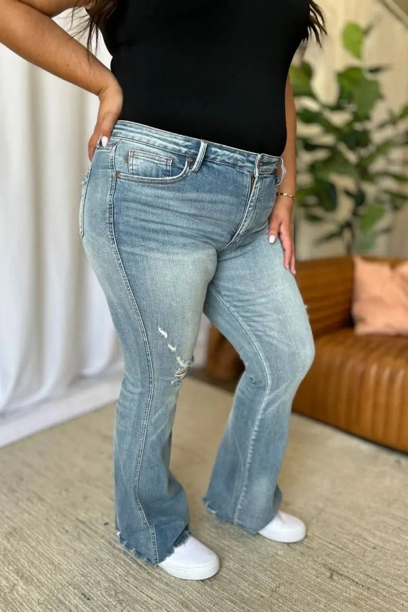 Judy Blue Full Size Medium Rise Tummy Control Destroy Flare - Sleekdenim.com