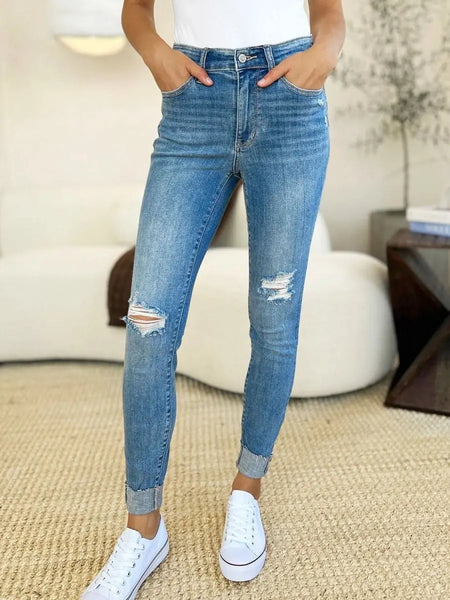 Judy Blue Full Size Mid Rise Destroy & Cuff Skinny Jeans - Sleekdenim.com