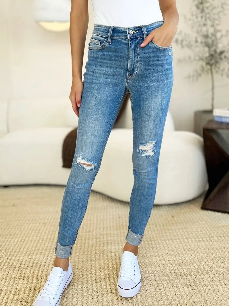 Judy Blue Full Size Mid Rise Destroy & Cuff Skinny Jeans - Sleekdenim.com