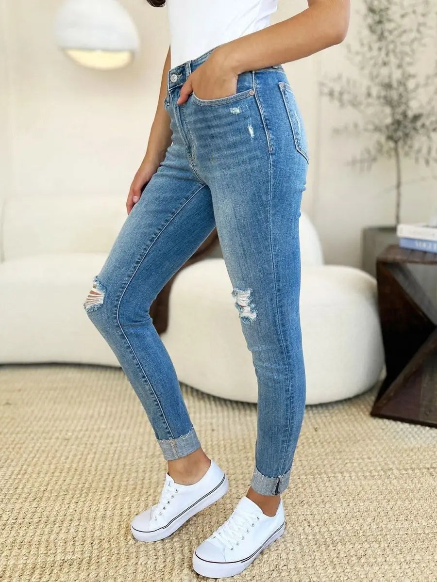 Judy Blue Full Size Mid Rise Destroy & Cuff Skinny Jeans - Sleekdenim.com