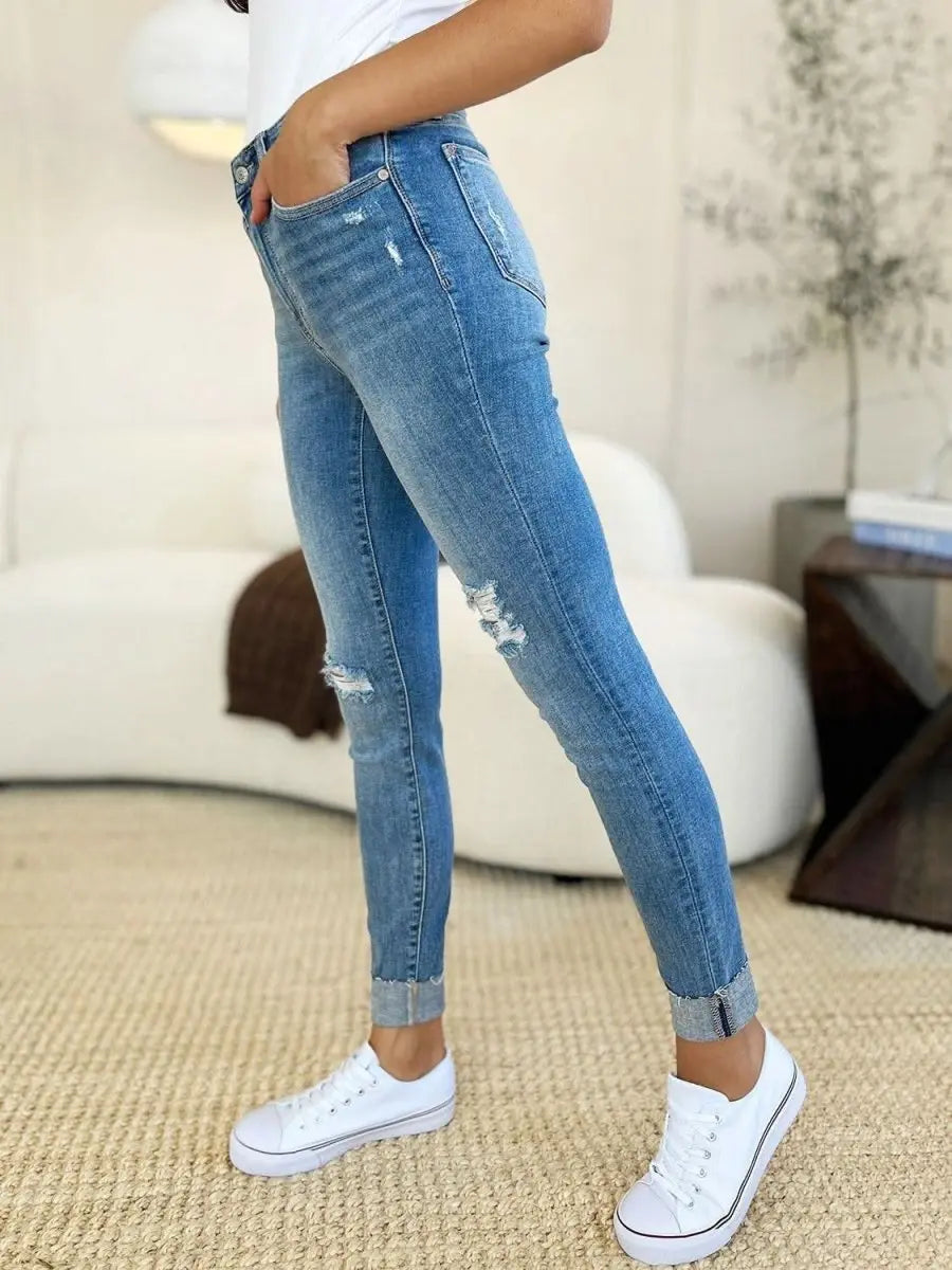 Judy Blue Full Size Mid Rise Destroy & Cuff Skinny Jeans - Sleekdenim.com