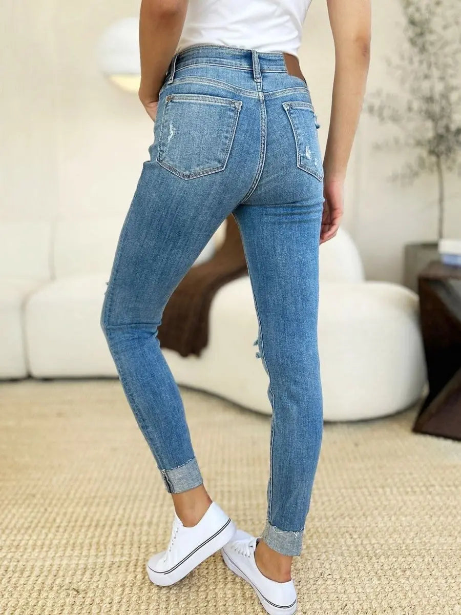 Judy Blue Full Size Mid Rise Destroy & Cuff Skinny Jeans - Sleekdenim.com