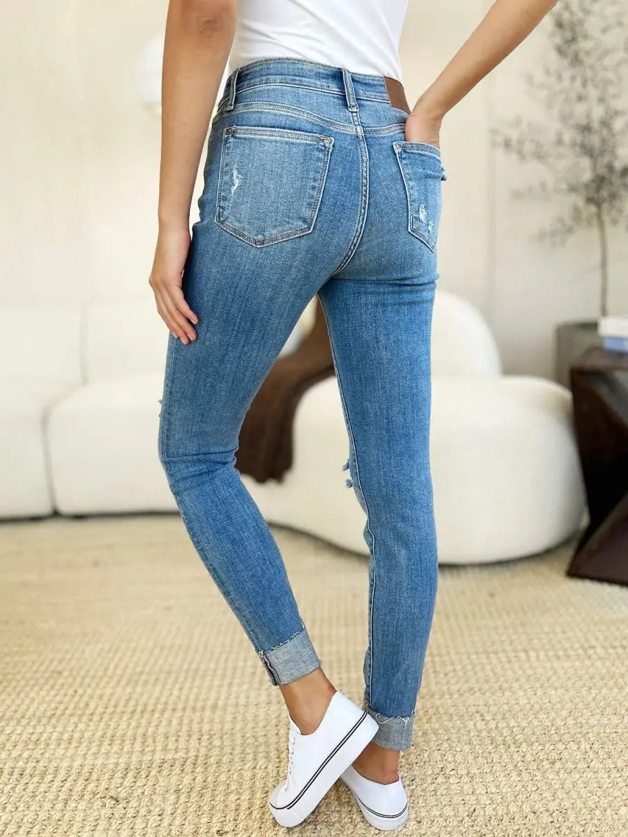 Judy Blue Full Size Mid Rise Destroy & Cuff Skinny Jeans - Sleekdenim.com