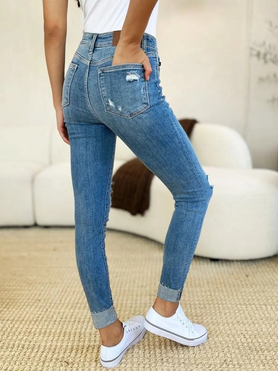 Judy Blue Full Size Mid Rise Destroy & Cuff Skinny Jeans - Sleekdenim.com