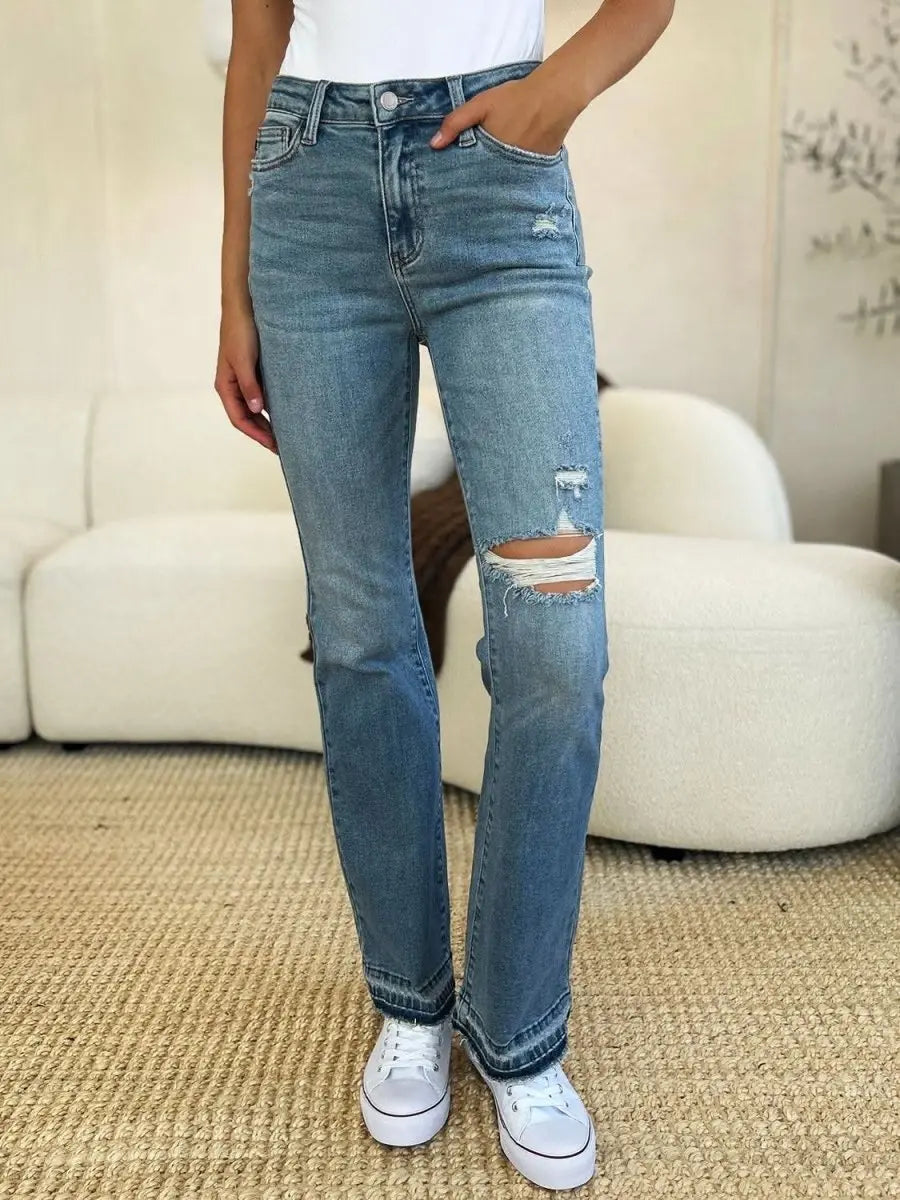 Judy Blue Full Size Mid Rise Destroyed Hem Distressed Jeans - Sleekdenim.com