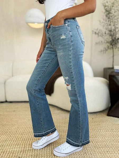 Judy Blue Full Size Mid Rise Destroyed Hem Distressed Jeans - Sleekdenim.com