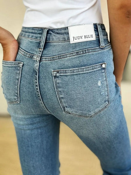 Judy Blue Full Size Mid Rise Destroyed Hem Distressed Jeans - Sleekdenim.com