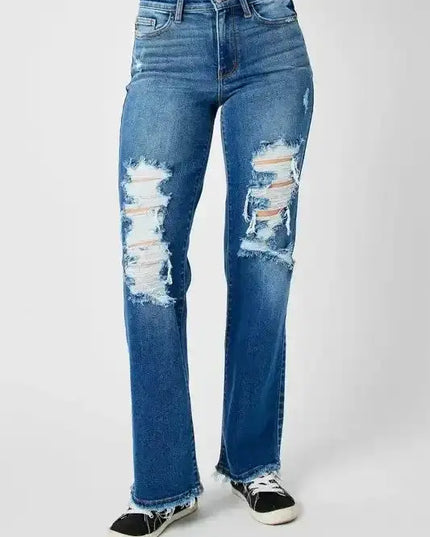 Judy Blue Full Size Mid Rise Distressed Raw Hem Jeans - Sleekdenim.com