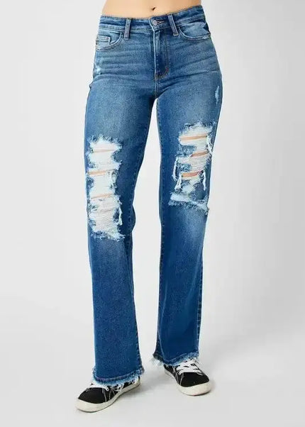 Judy Blue Full Size Mid Rise Distressed Raw Hem Jeans - Sleekdenim.com