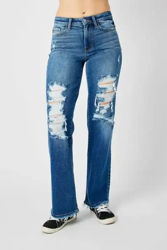 Judy Blue Full Size Mid Rise Distressed Raw Hem Jeans - Sleekdenim.com