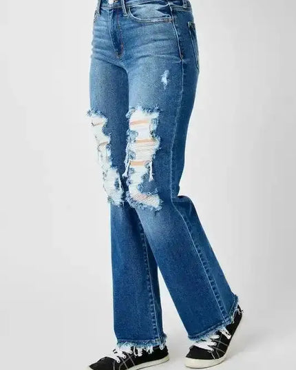 Judy Blue Full Size Mid Rise Distressed Raw Hem Jeans - Sleekdenim.com