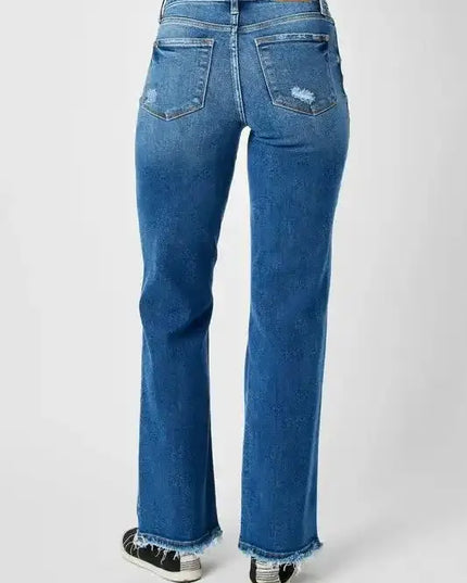 Judy Blue Full Size Mid Rise Distressed Raw Hem Jeans - Sleekdenim.com