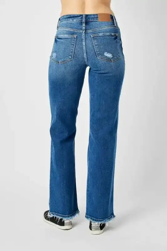 Judy Blue Full Size Mid Rise Distressed Raw Hem Jeans - Sleekdenim.com
