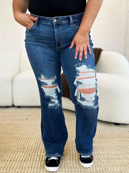 Judy Blue Full Size Mid Rise Distressed Raw Hem Jeans - Sleekdenim.com