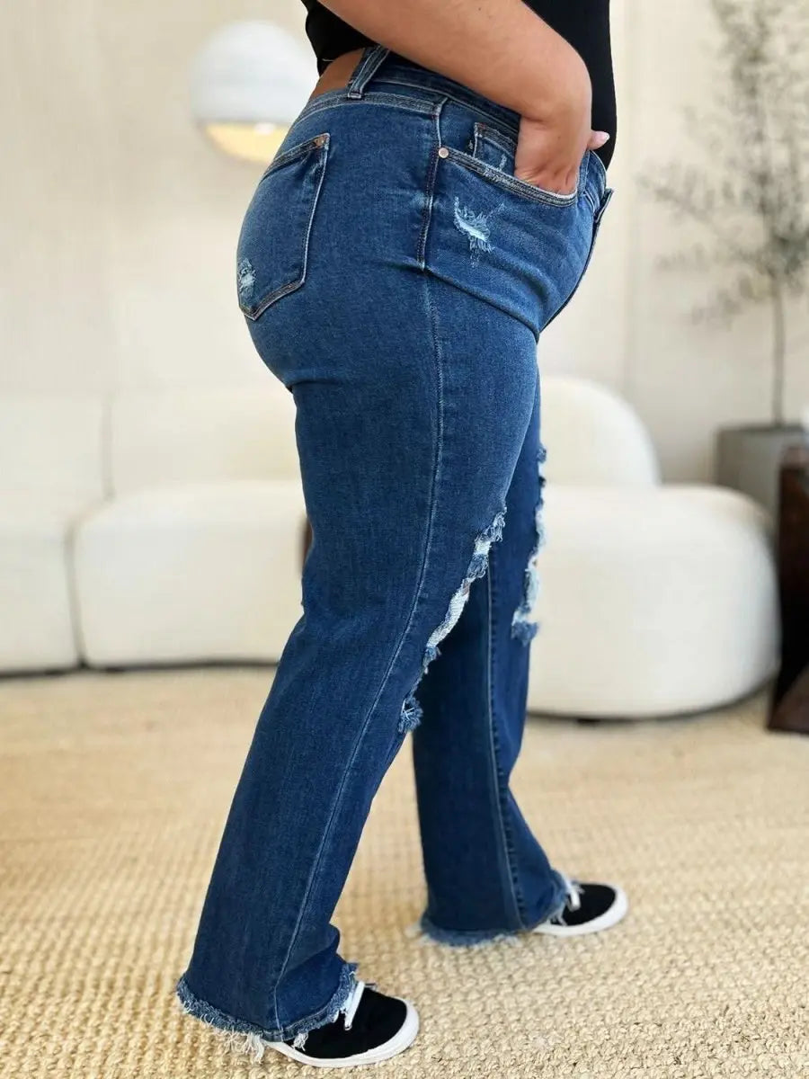 Judy Blue Full Size Mid Rise Distressed Raw Hem Jeans - Sleekdenim.com